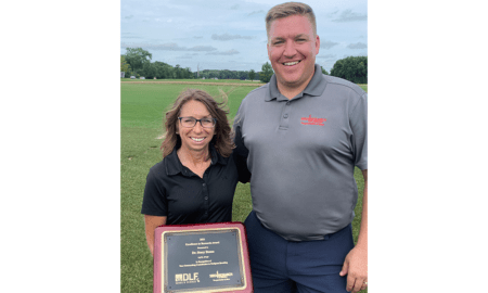  Sean Chaney, vice president of professional turf sales for DLF U.S. Dr. Stacy A. Bonos, professor of plant biology, current director of the turfgrass breeding program, and associate director of the Center for Turfgrass Science at Rutgers University